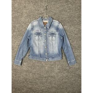 Y2K Duck Head Womens Denim Jacket Size Medium Snap Button Up Blue Medium Wash